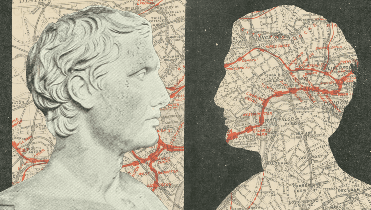 Roman bust, superimposed on a map of London, looking at a silhouette of the same bust filled in with the same map